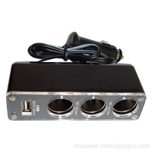 Three-dragged Cigarette Lighter Charger with USB Port, 12 to 24V Input Voltage and 500mA Current